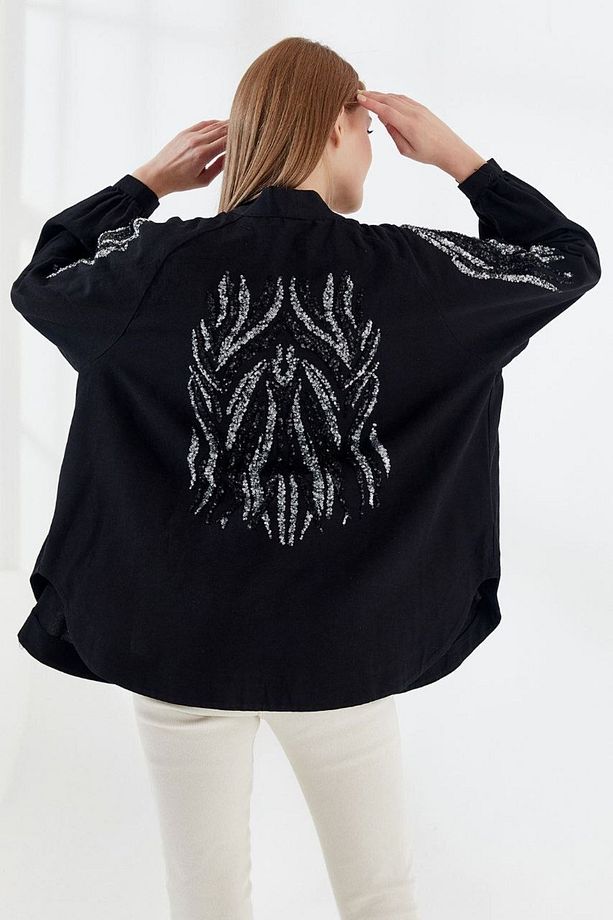 Payet Pullu Nakışlı Oversize Kimono Kap - 1