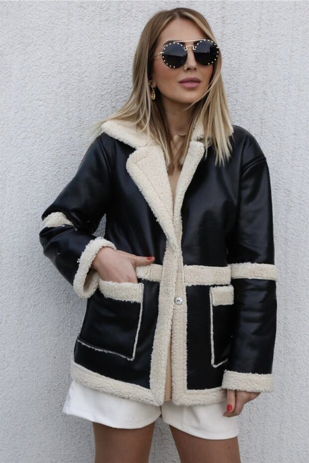 Bestellalife Women's Black Leather Inside Beige Fur Coat