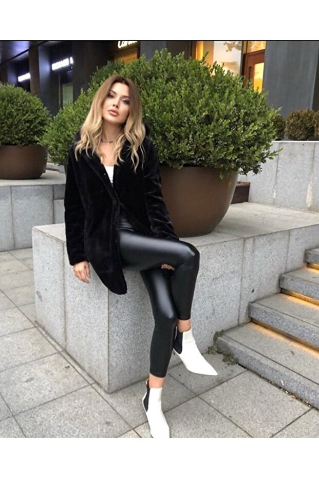 Kapşonlu Peluş Kürk Kaban - 5