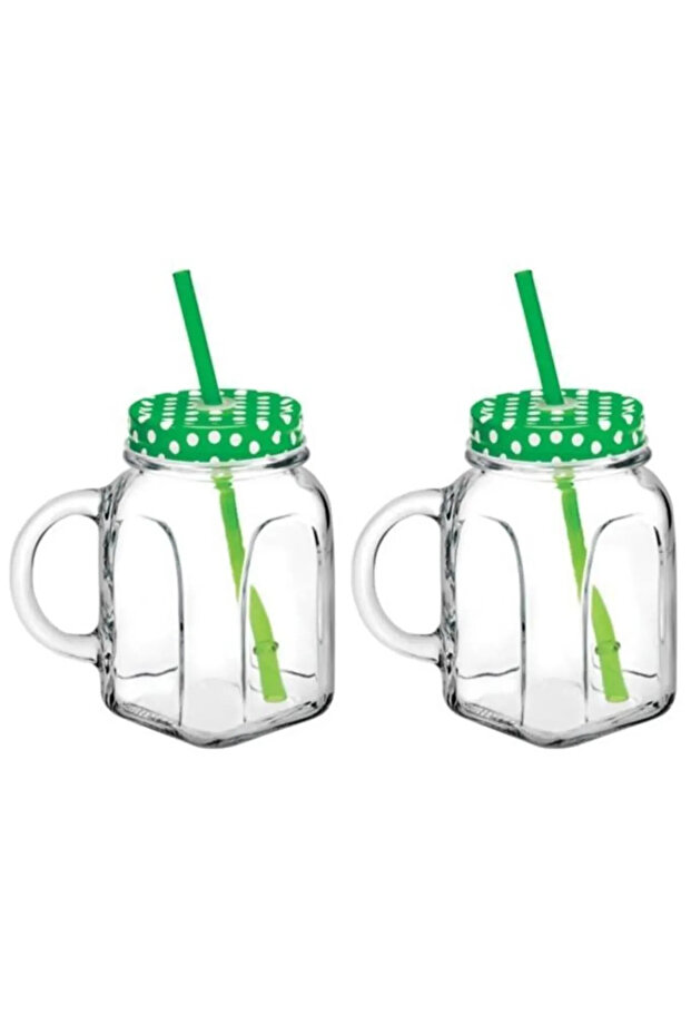 Green Glass Jar - 2-Piece Mug, with Straw, 80388, 450cc