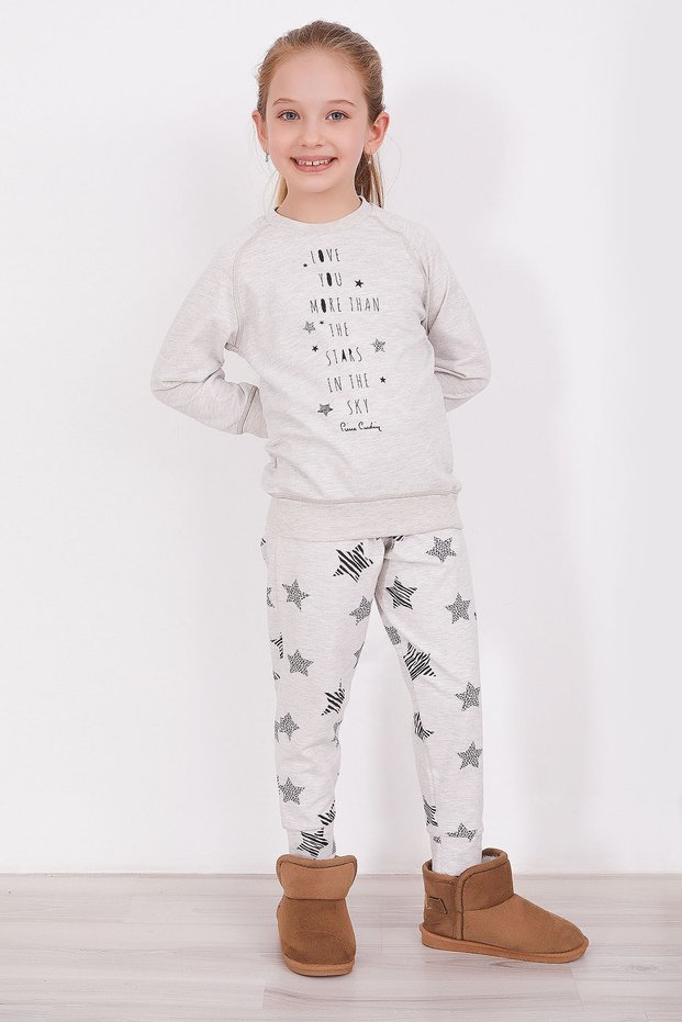 Love You More Than Beige Melange Girl's Long Sleeve Pajama Set