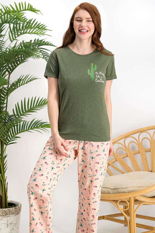Cactus Khaki Women's Pajama Set - Crew Neck, Short Sleeve