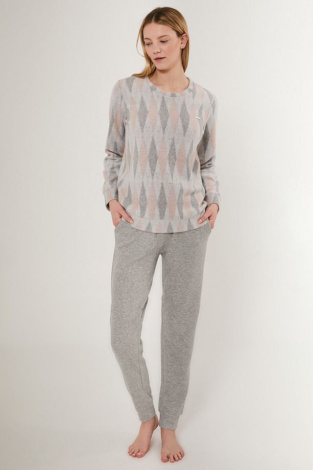 Equilateral Triangle Pattern Gri Kadın Uzun Kol Pijama Takım - 1