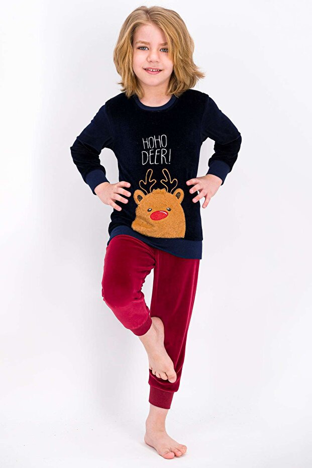 Boy's Velvet Pajama Set - Rolypoly Hoho Deer Navy Blue