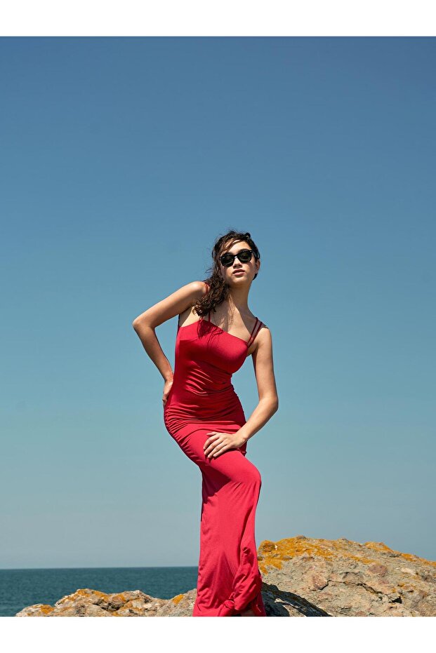 Askılı Jarse Kırmızı Uzun Elbise - 2