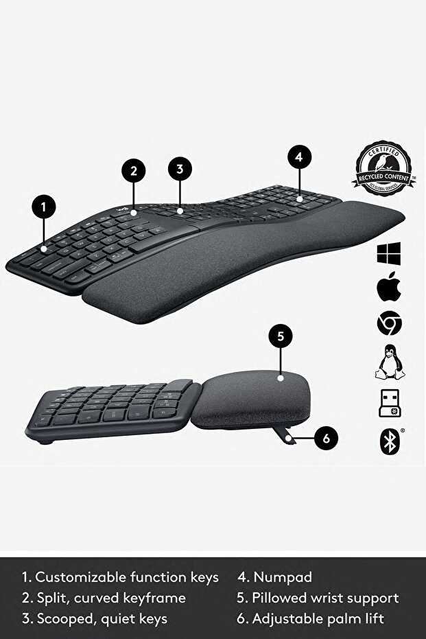 K860 Ergonomik Bilek Destekli Tam Boyutlu Kablosuz Türkçe Klavye - Siyah - 6