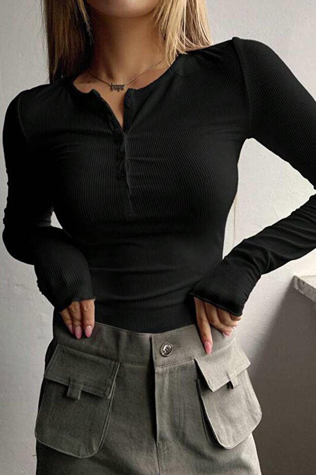 1 Piece Women's Black Button-Detail Placket Buttoned Crew Neck Long Sleeve Ribbed Knit Bodysuit Blouse