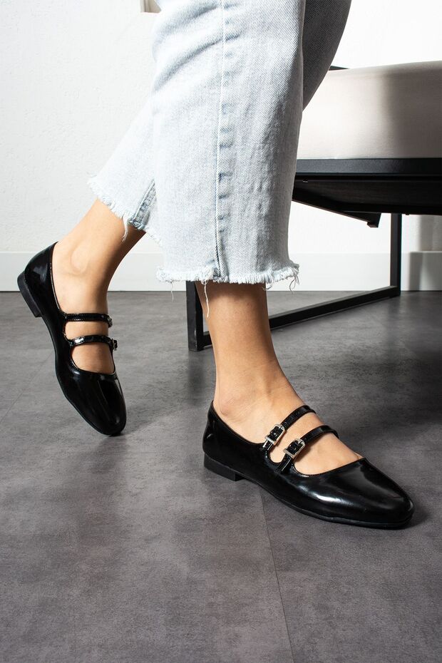 Black Patent Leather Women's Double Belted Flat Sole Ballerinas