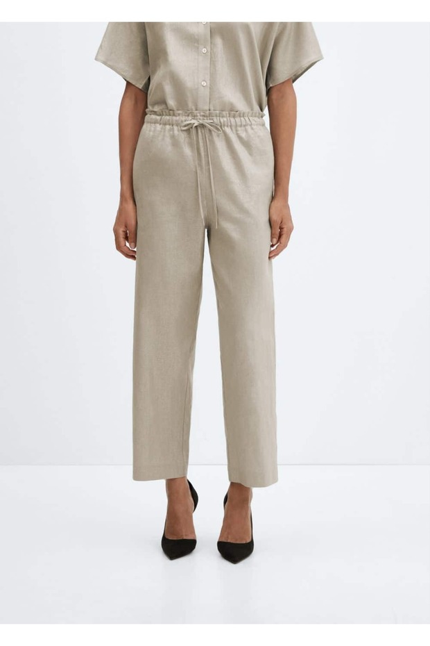 Keten karışımlı beli elastik pantolon - 1