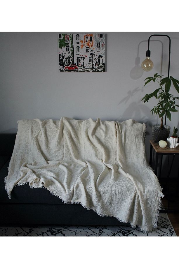 4 Katlı 4 Kenarı Saçaklı Muslin Koltuk Örtüsü / Tv Battaniyesi / Battaniye 230 X 250 - 4