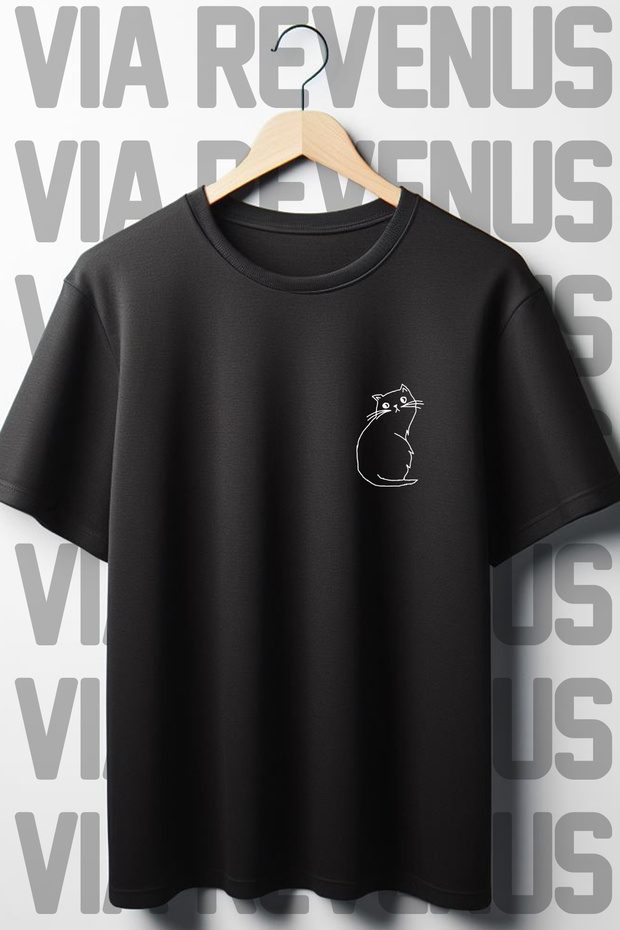 Cat Printed Oversized Loose Fit Crew Neck Black T-shirt