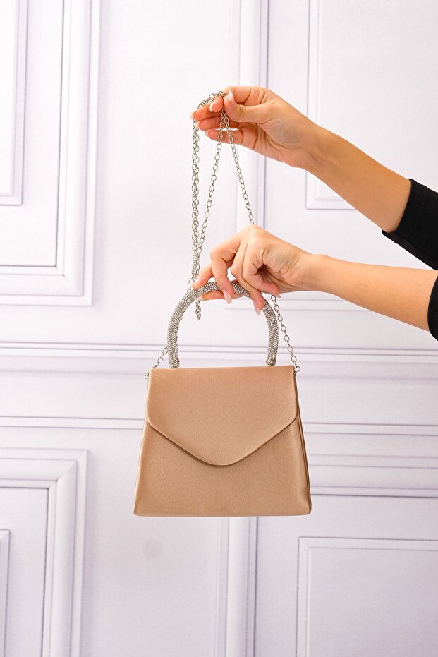 Women's Nude Satin Stone Handle Detailed Evening Shoulder Bag