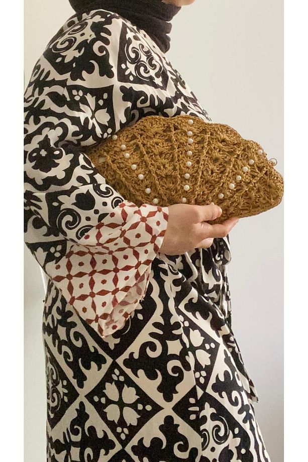 İstiridye detaylı hasır çanta spor şık zincir askı  örgü kağıt ip (handmade bag) - 4