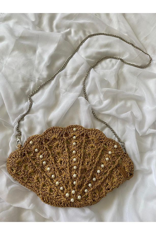 İstiridye detaylı hasır çanta spor şık zincir askı  örgü kağıt ip (handmade bag) - 1