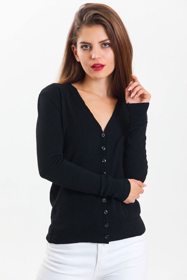 Kadın Düğmeli V Yaka Basic Siyah Triko Hırka - 6