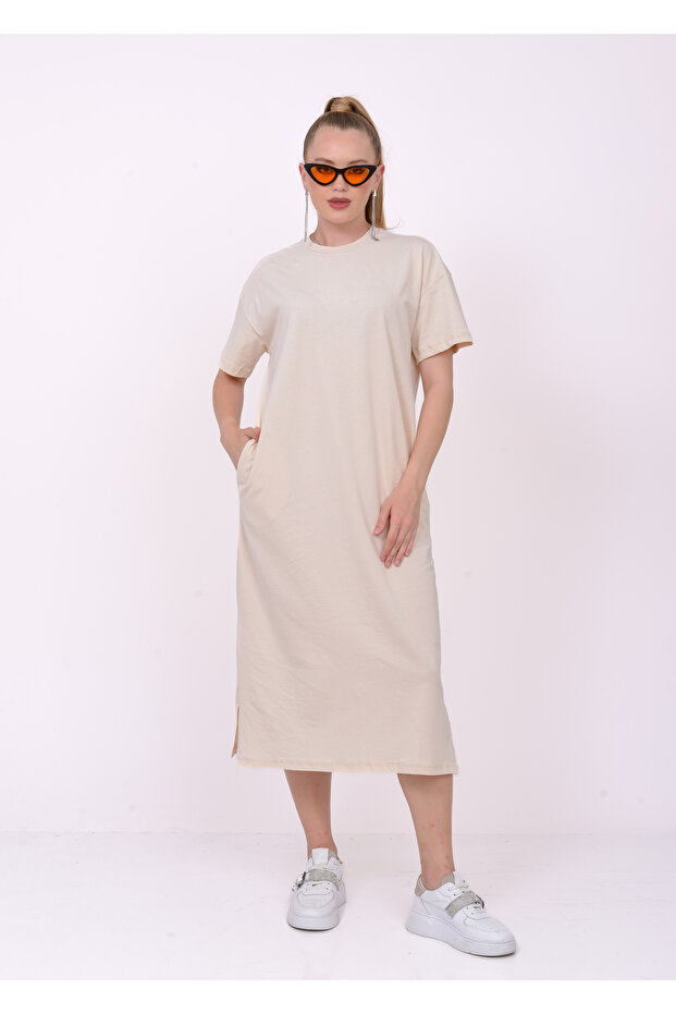 Women's Cream Casual Short Sleeve Summer Combed Cotton Dress / Sevde Ugur