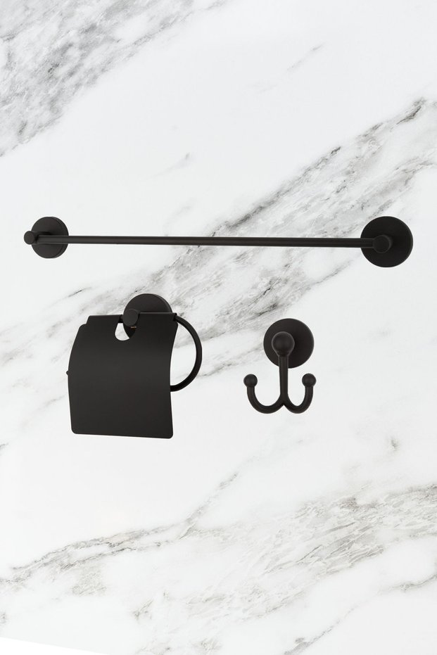Black Wide Covered Toilet Napkin Holder / Long Towel Holder / Robe Hanger Bathroom Set