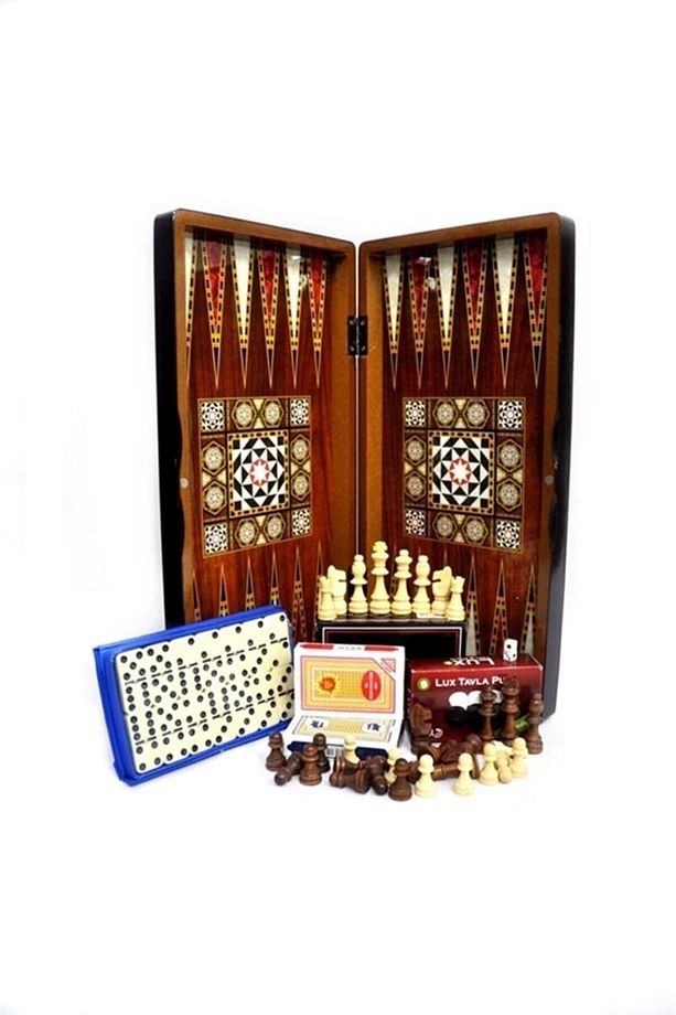 Ahşap Tavla Dama Satranç Domino Ve Oyun Seti 5 Oyun Bir Arada - 1