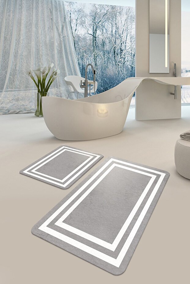 Decorative Digital Printed Set of 2 Bath Mat Non-Slip Base Toilet Set