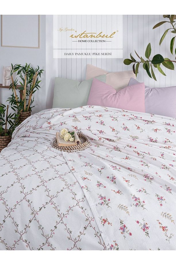 %100 PAMUKLU BASKILI ÇİFT KİŞİLİK TEK PİKE BAHAR PEMBE 200X240 - 2