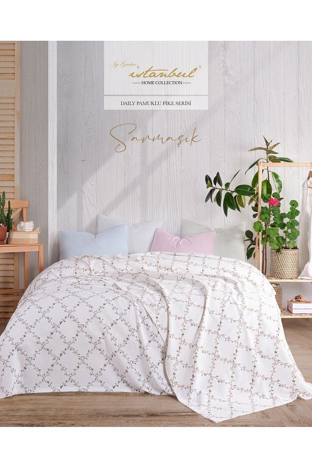 %100 PAMUKLU BASKILI TEK KİŞİLİK TEK PİKE SARMAŞIK PEMBE 160X240 - 2