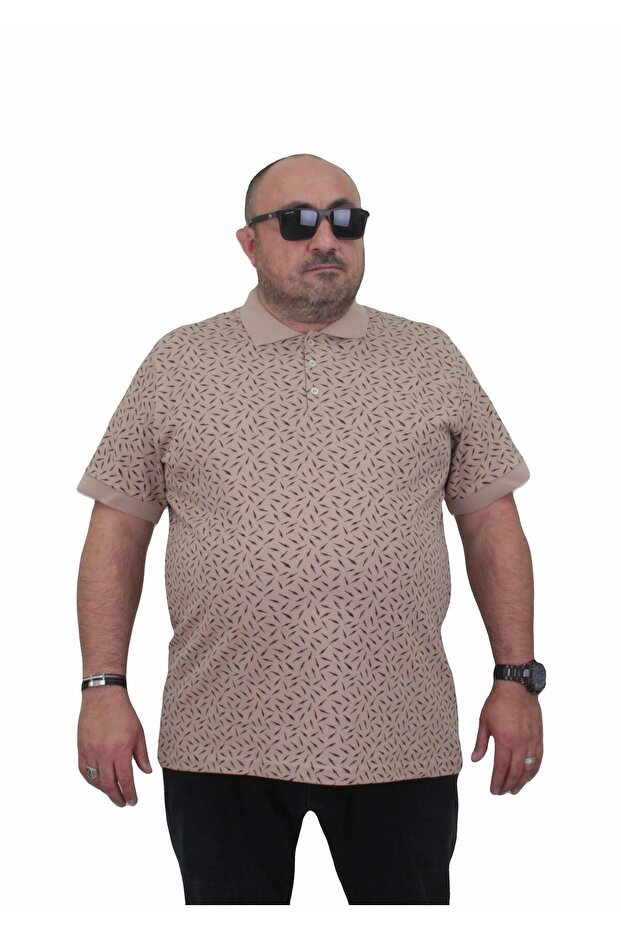 Large Size Men's Polo Collar T-Shirt - Leaf 24457 BEIGE