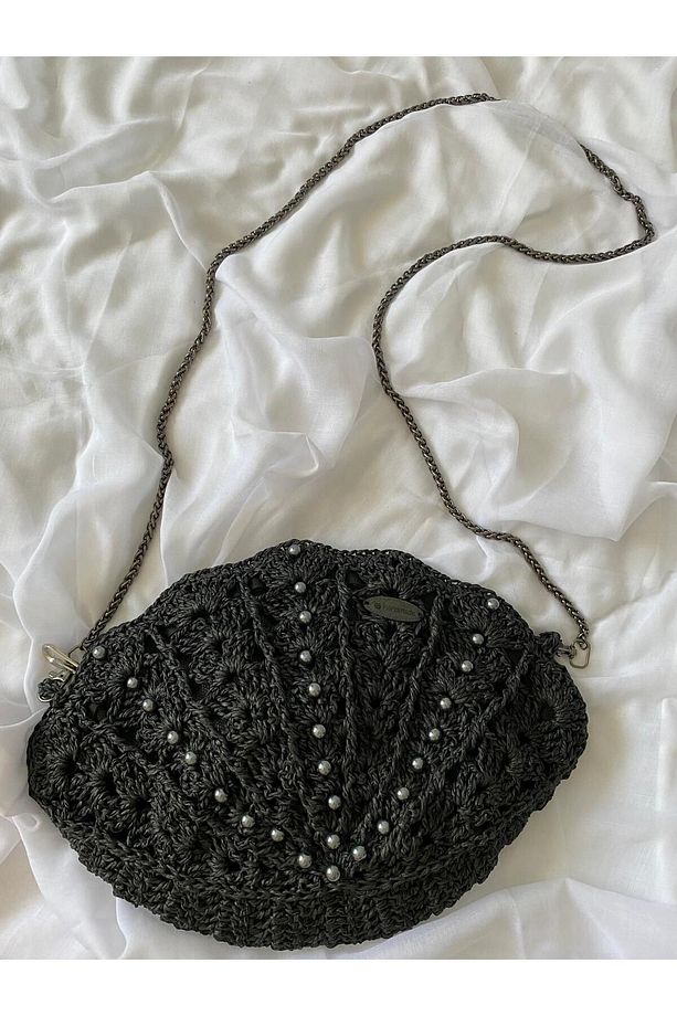 İstiridye detaylı hasır çanta spor şık zincir askı siyah örgü kağıt ip (handmade bag) - 1