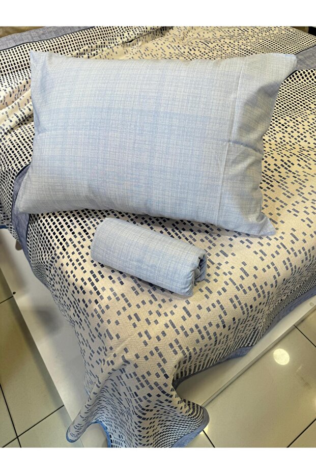 Blue Double Pique Set - Patterned Sheet and Elastic - 4