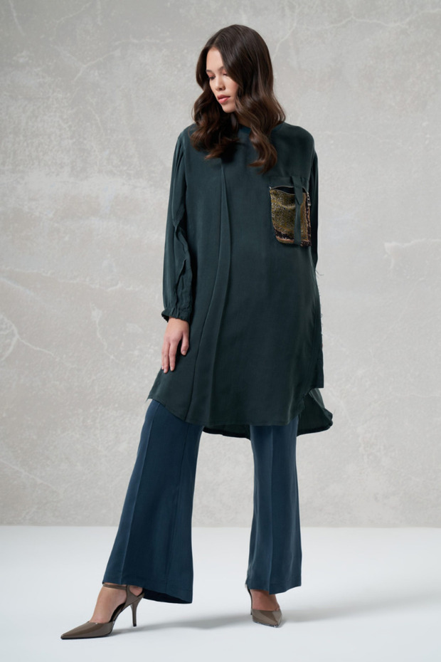 Emerald Silk Tunic with Pocket Detail, Model 35005