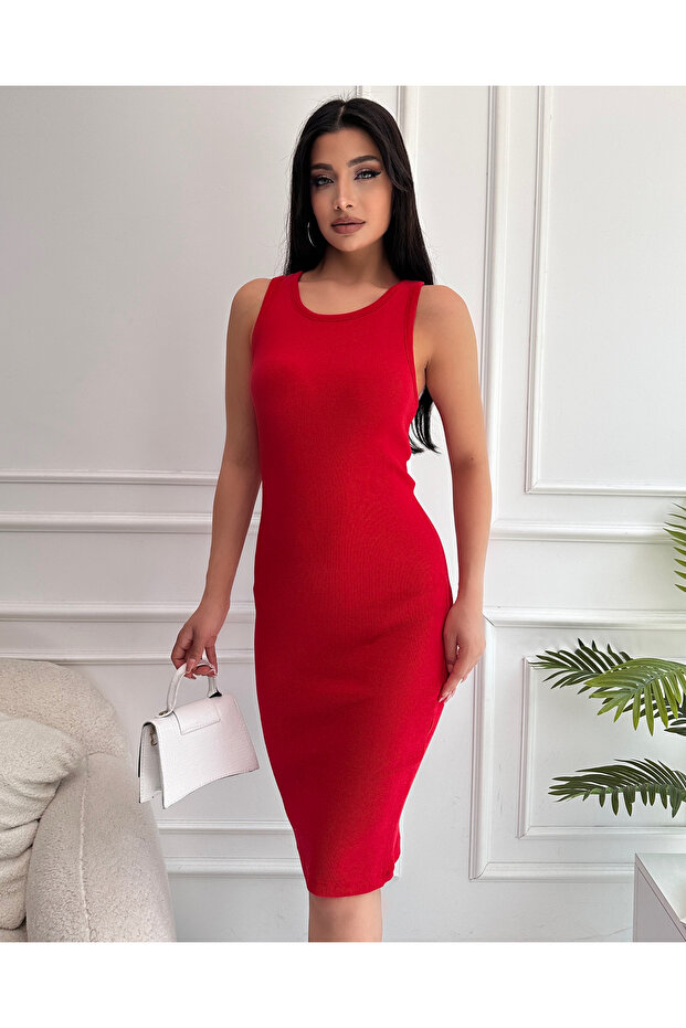 Women's Red Halter Neck Ribbed Knitted Dress