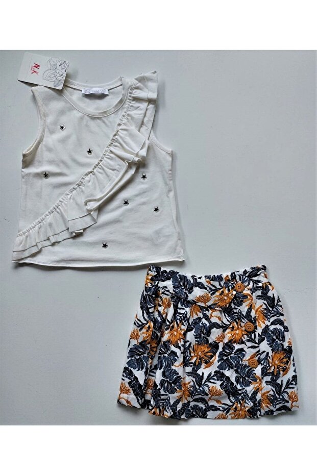 Girl's Ecru Color Blouse Leaf Patterned Skirt Top and Bottom Set of 2