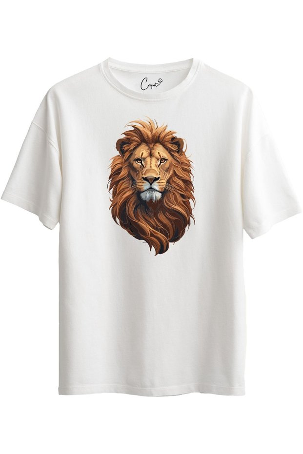 Cotton Lion Printed White Short Sleeve Oversize T-Shirt