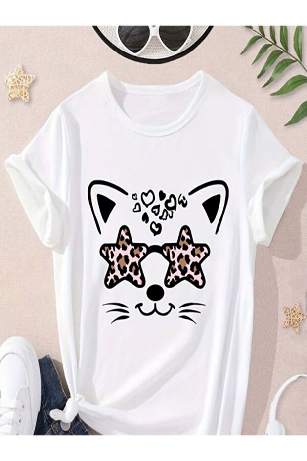 White Printed Oversize T-Shirt - Crew Neck, Short Sleeve