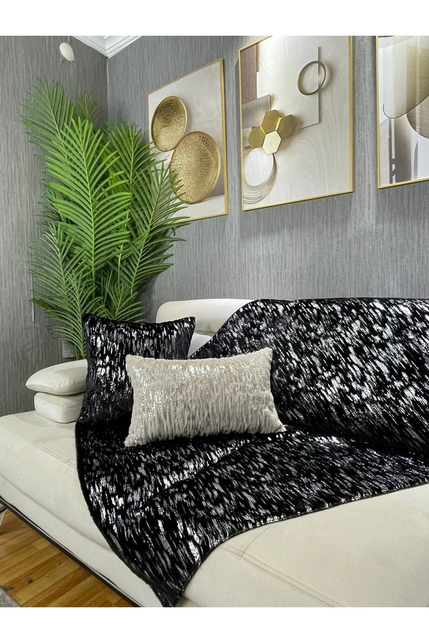 Rabbit Plush Silver Foil Printed Sofa Cover & Shawl - Black
