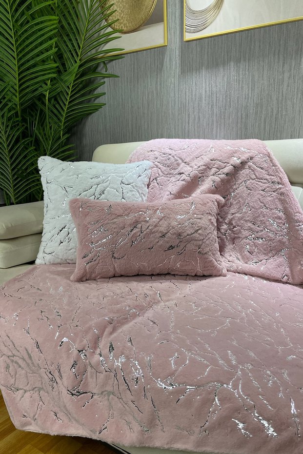Rabbit Plush Silver Foil Printed Sofa Cover & Shawl - Powder Pink