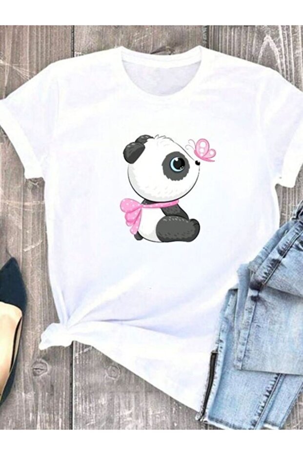 White Printed Oversize T-Shirt - Crew Neck, Short Sleeve