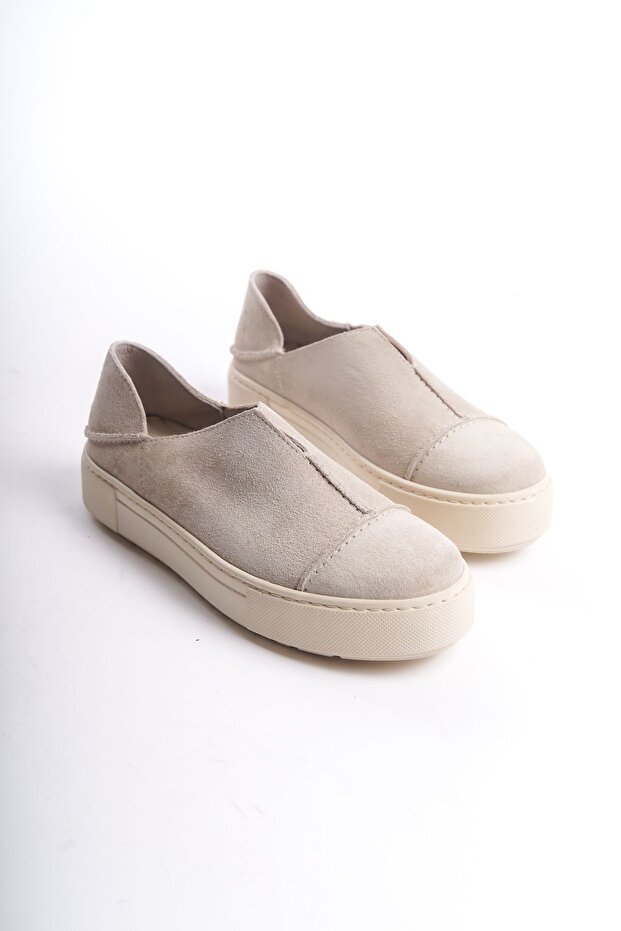 Selivessa Beige Suede Women's Laceless Genuine Leather Sneaker Daily Shoes