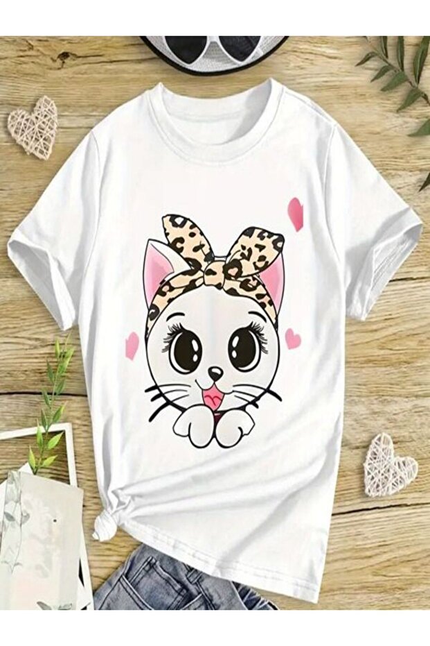 White Printed Oversize T-Shirt - Crew Neck, Short Sleeve