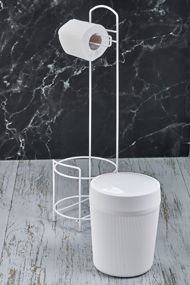 White Striped Round Bucket WC Paper Holder Set - 4