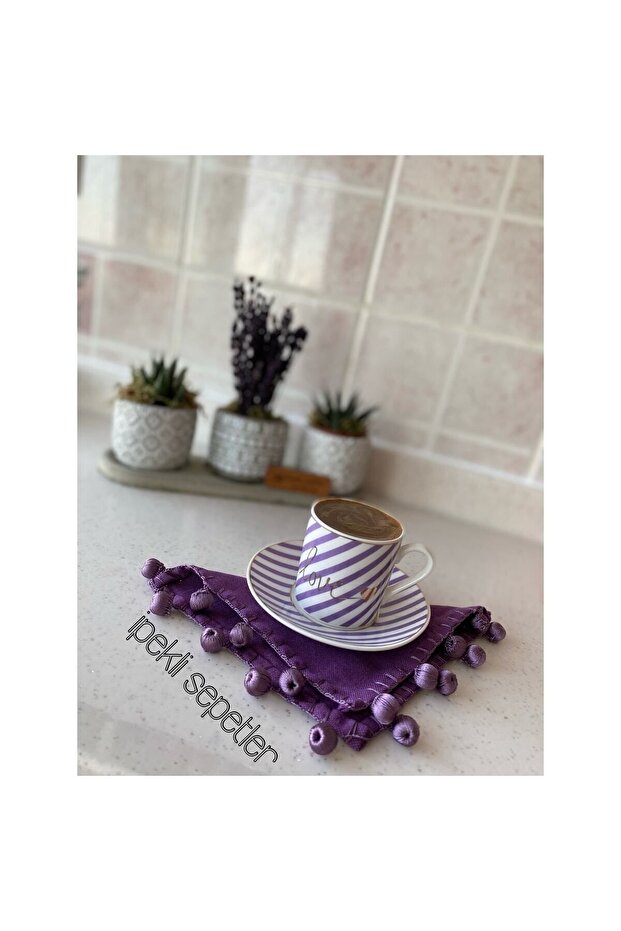 Purple Pompom Cocktail Coaster Presentation Napkin Set of 2