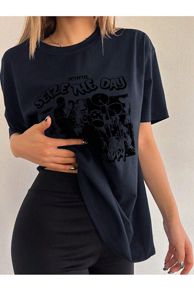 Women's Navy Blue Seize the Day Printed Oversized T-Shirt