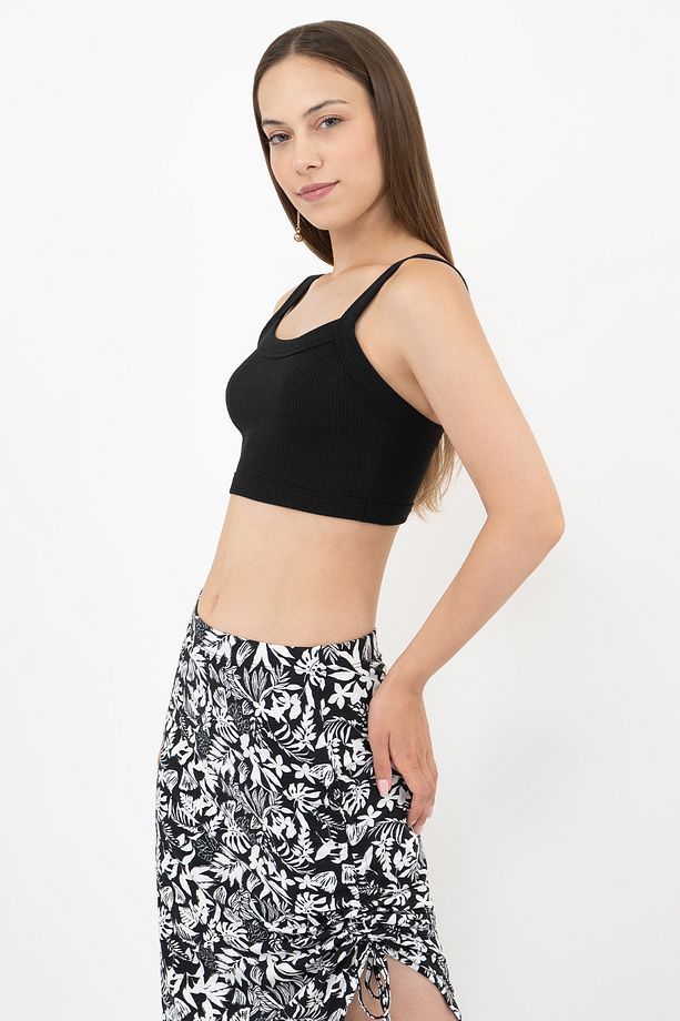 Kadın Siyah Fitted Kare Yaka Fitilli Esnek Örme Crop Atlet - 4