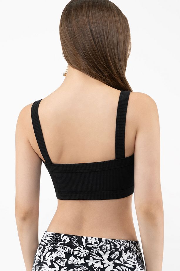 Kadın Siyah Fitted Kare Yaka Fitilli Esnek Örme Crop Atlet - 6