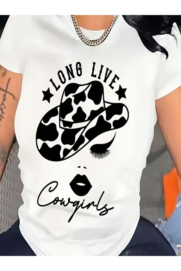White Printed Oversize T-Shirt - Crew Neck, Short Sleeve