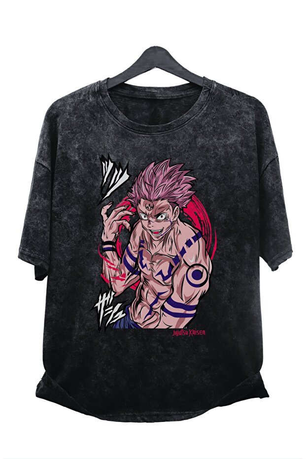 Oversized Jujutsu Kaisen Sukuna v3 Printed Washed T-Shirt, Unisex Anime Printed Distressed T-Shirt