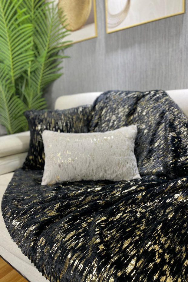Rabbit Plush Gold Foil Printed Sofa Cover & Shawl - Black