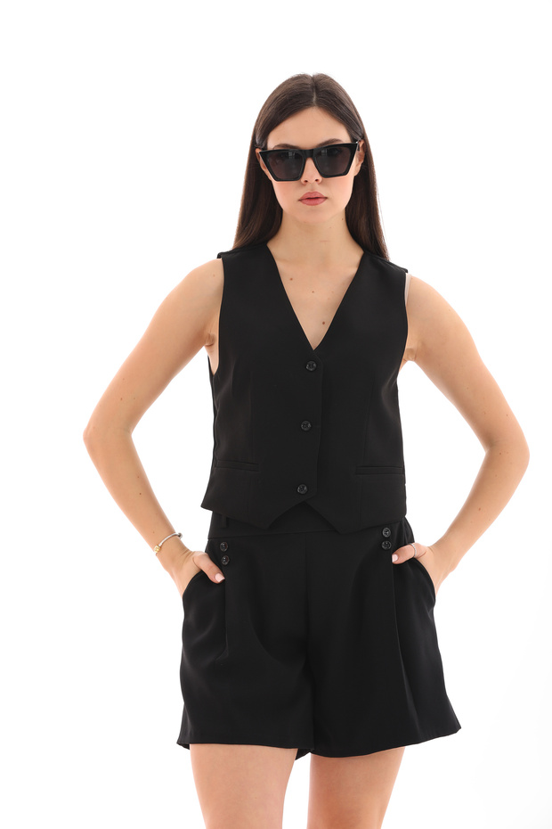 Black Buttoned Vest and Shorts Set