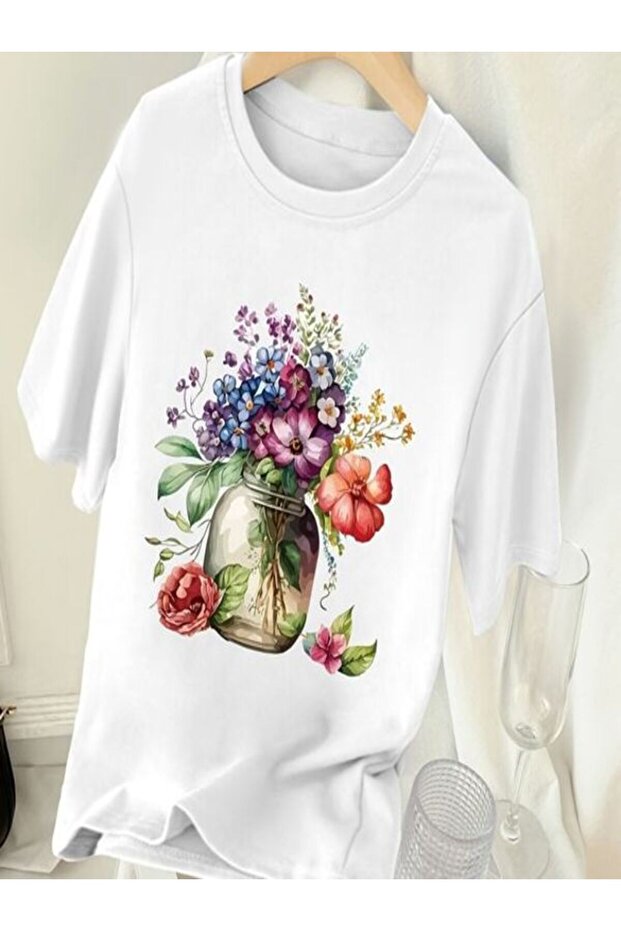 White Printed Oversize T-Shirt - Crew Neck, Short Sleeve