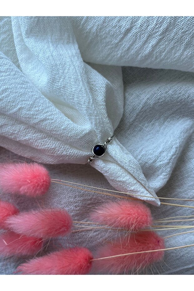 Minimal Patterned Lapis Lazuli Stone - Silver Adjustable Wire Ring - 1