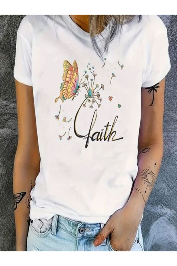 White Printed Oversize T-Shirt - Crew Neck, Short Sleeve